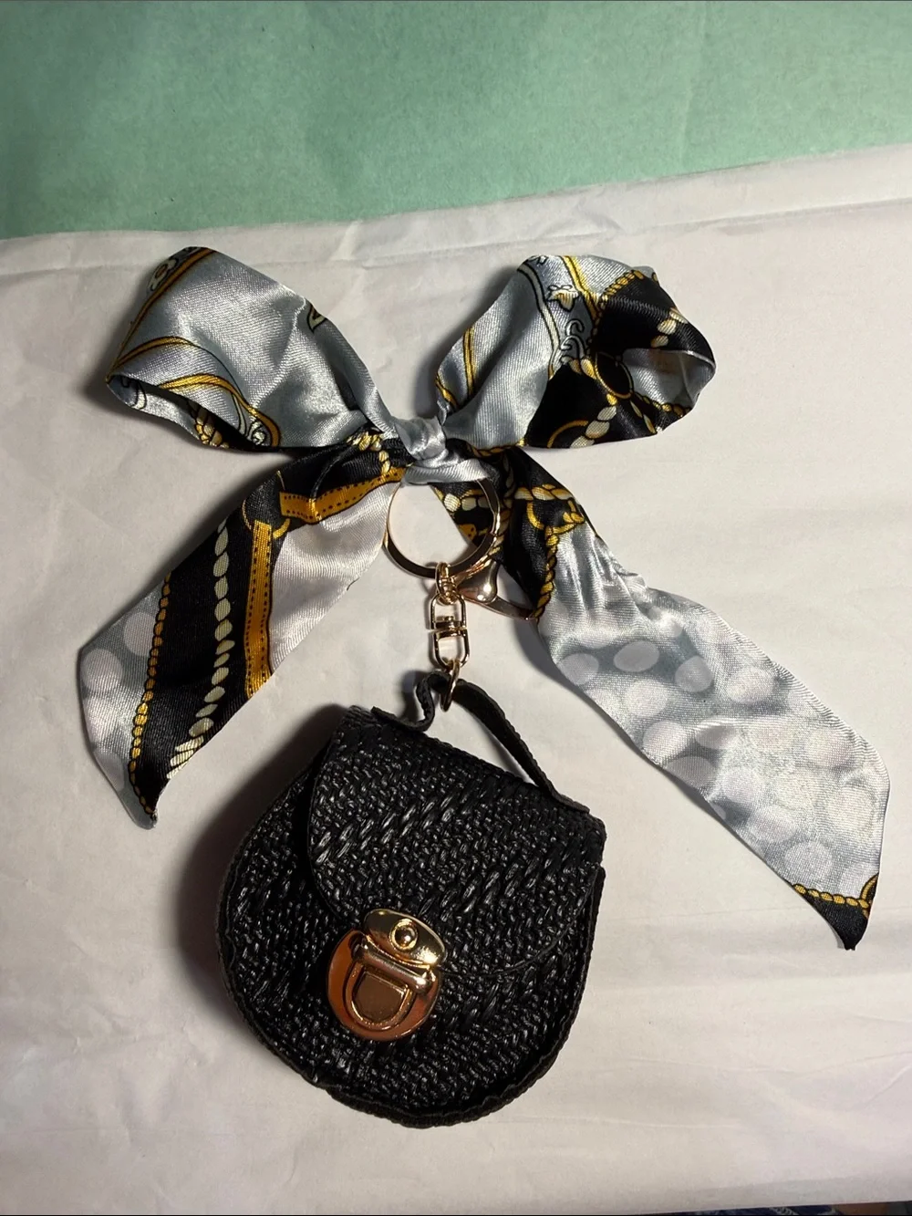 Black Woven Mini Purse Keychain with Gold Hardware with Silky Bow